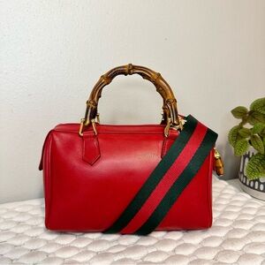 GUCCI GG Mini Crossbody Handbag Bamboo Leather Red